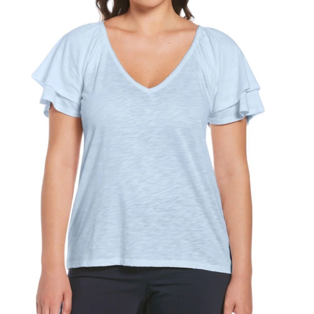 Rafaella Women’s Knit V-Neck Blue Flutter Short Sleeve Contemporary Top Size XXL